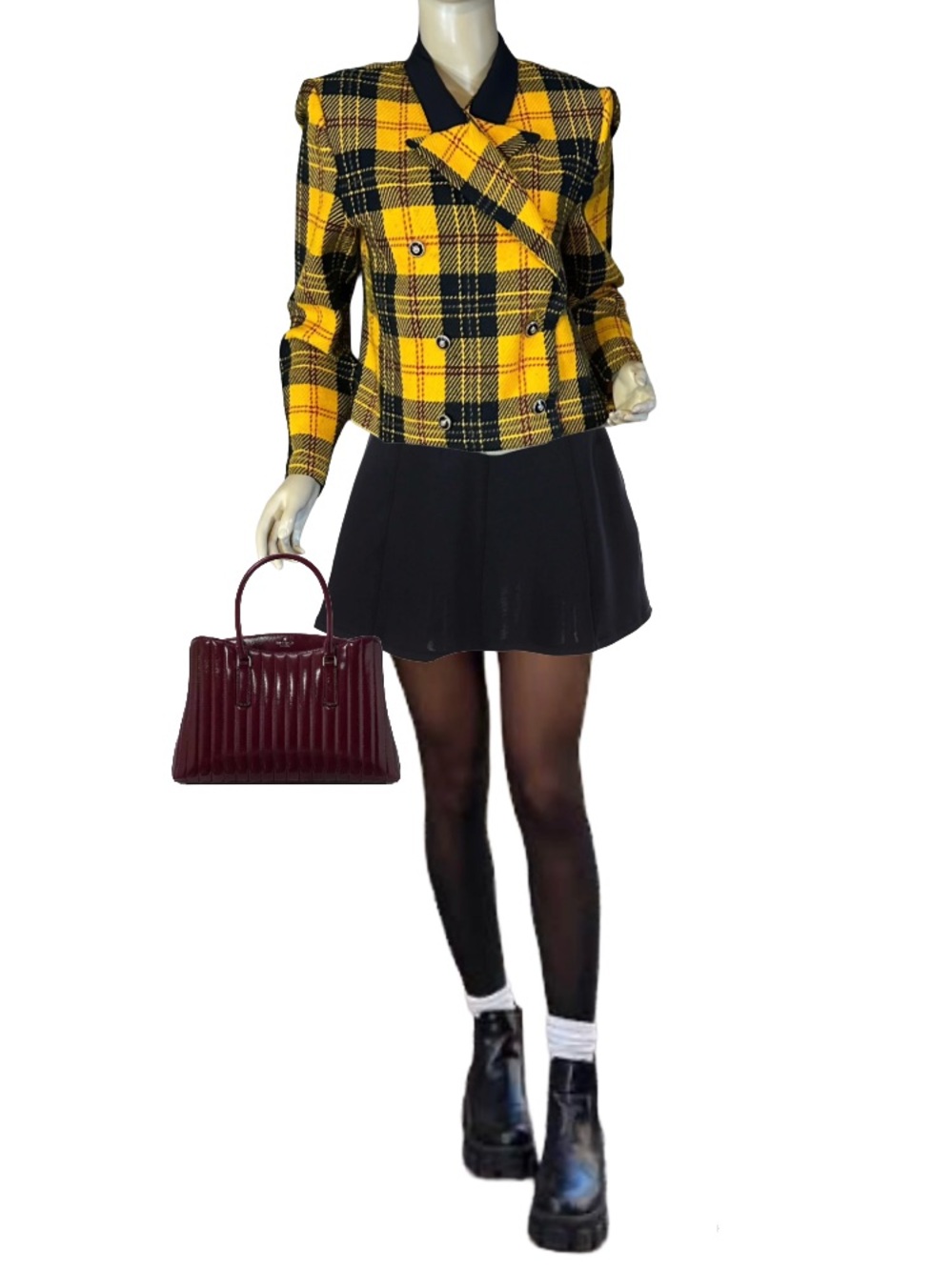 VINTAGE 1990'S POSITIVE ATTITUDE BLACK & YELLOW PLAID SHORT BLAZER (10)